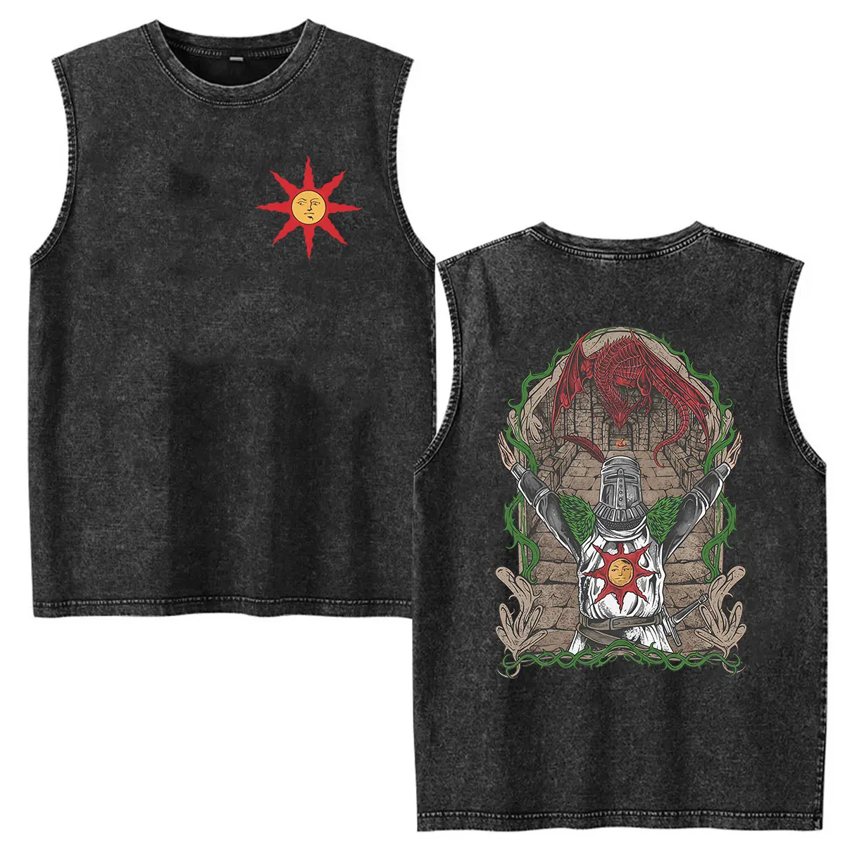 Vintage Washed Vest Dark Souls Knight Graphic T Shirt Men's Clothing Fashion Short Sleeve T-shirt Tank Top 100% Cotton T Shirts view 2