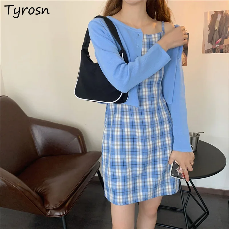 

Women Sets Mini Dress Straps Plaid A-line Slim Sweet Lovely Ulzzang Cardigans Schoolgirls Elegant Tender Fashion Casual Retro