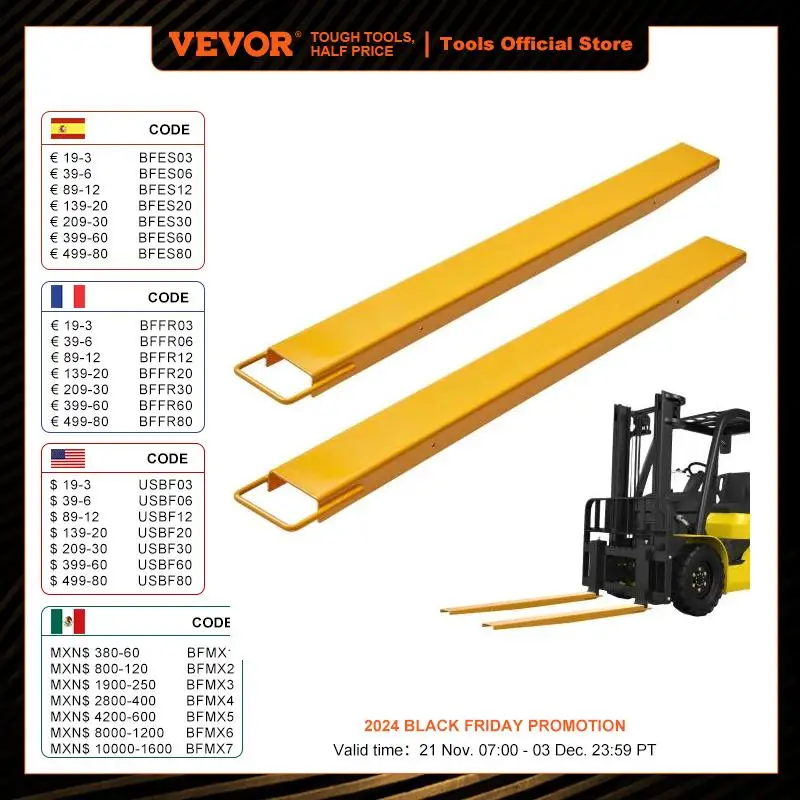 VEVOR 60/72/84/96in Pallet Fork Extensions Sleeve Carbon Steel Forklift Attachments for Warehouse Truck Cargo Handling