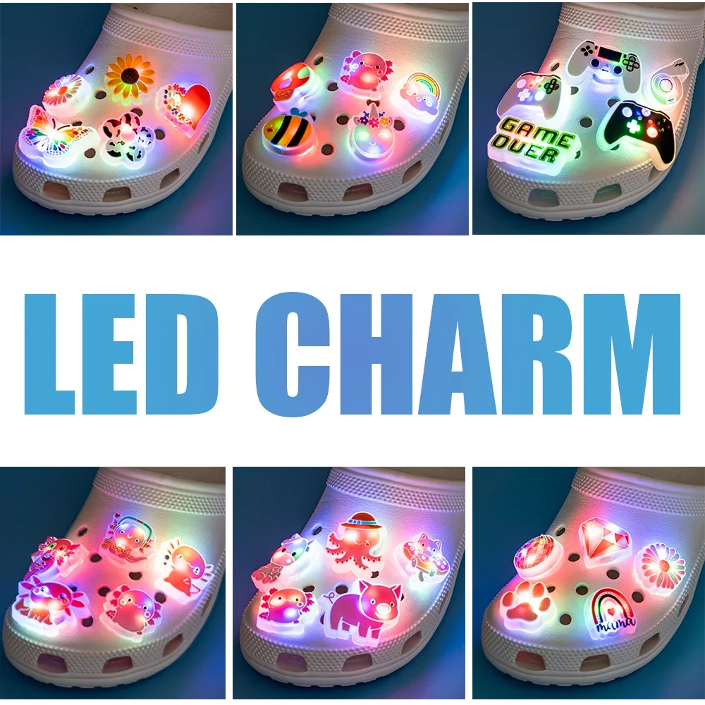 5PCS LED Shoe Charms for Kids Luminous Duck Cat Gamepad Pink Cat Shoe Accessories Pins Women Fashion Clog Buckle Shoe Decoration