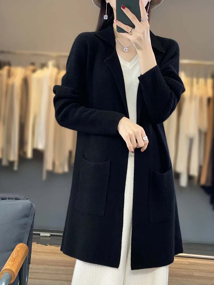 Choice Women Turn-down Collar Long Style Cardigan Long Sleeve Sweater Autumn Winter New Clothes 100% Merino Wool Knitwear Coat