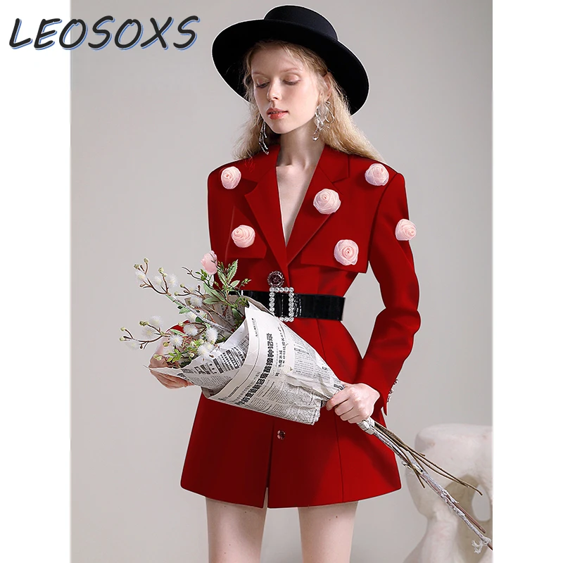 Autunno e inverno Business Casual Women Dress Design Sense Temperament Sweet Cool Red tridimensionale Rose Dresses Suit Dress