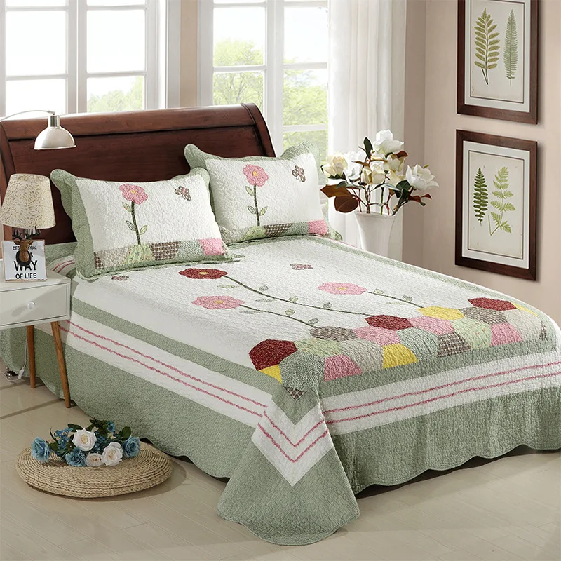 Minimalist Applique Quilt Set 3/4-Piece 100% Cotton Hand-Stitched Patchwork Bedspread Rustic Farmhouse Bedding Cover Lightweight