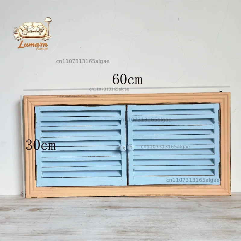 Rustic Wooden Wall Decor Window with Blue Shutter Doors, Vintage Distressed Style, 60x30cm