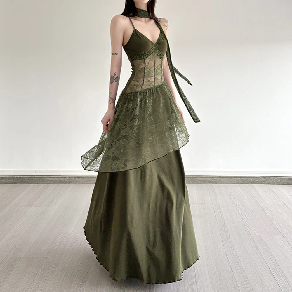 Forest-Style Girl's Vacation Lace Splice Strapless Dress Thin See-through V-neck Asymmetrical Green Long Skirt for Women