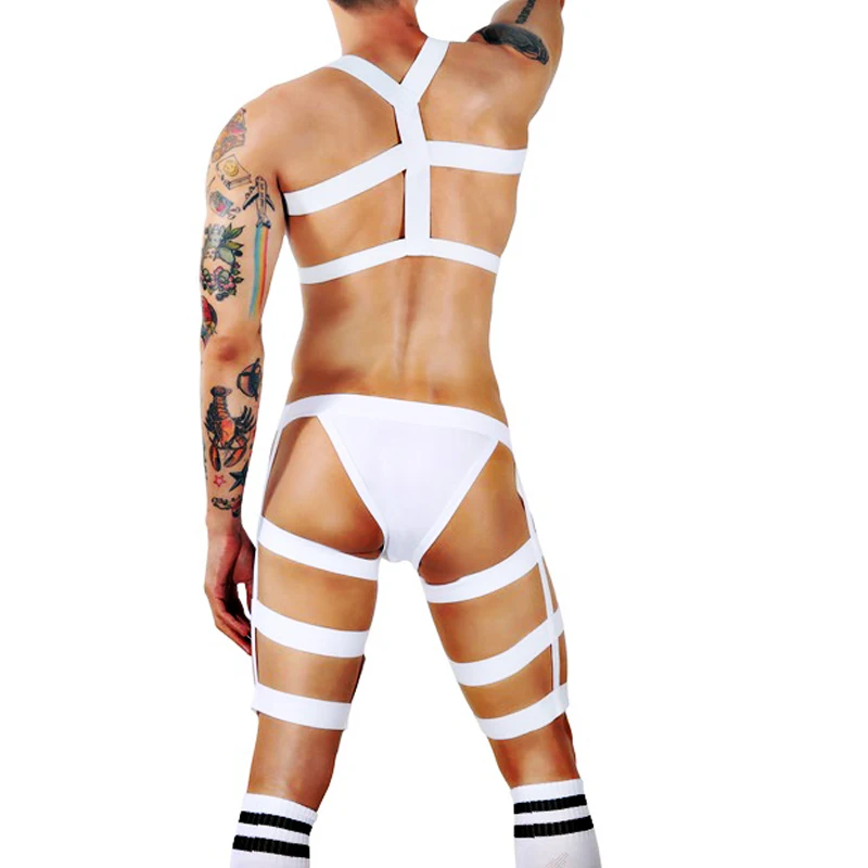 Male Erotic Fetish Costume Strap Lingerie Body Harness Stockings Sexy Mens Jockstrap Thigh Suspender Briefs with Bandage Belt