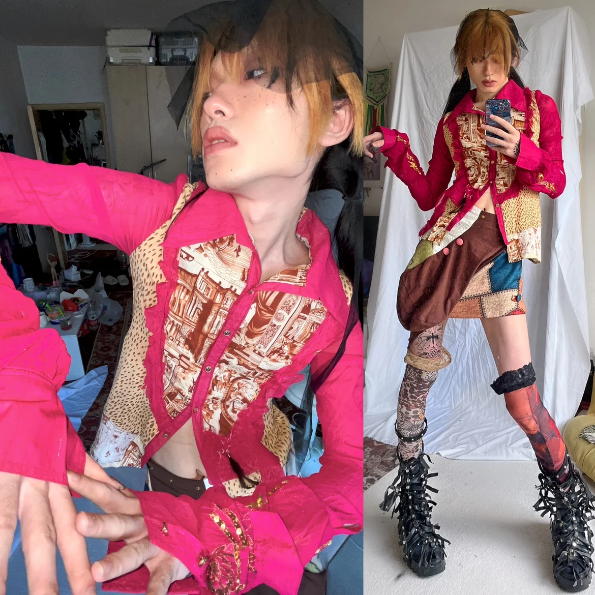 

Rose Red Color Folded Silk irt Women's Commute Sle Pure Color Collar Button Detail Regular Length Giant Ree Project