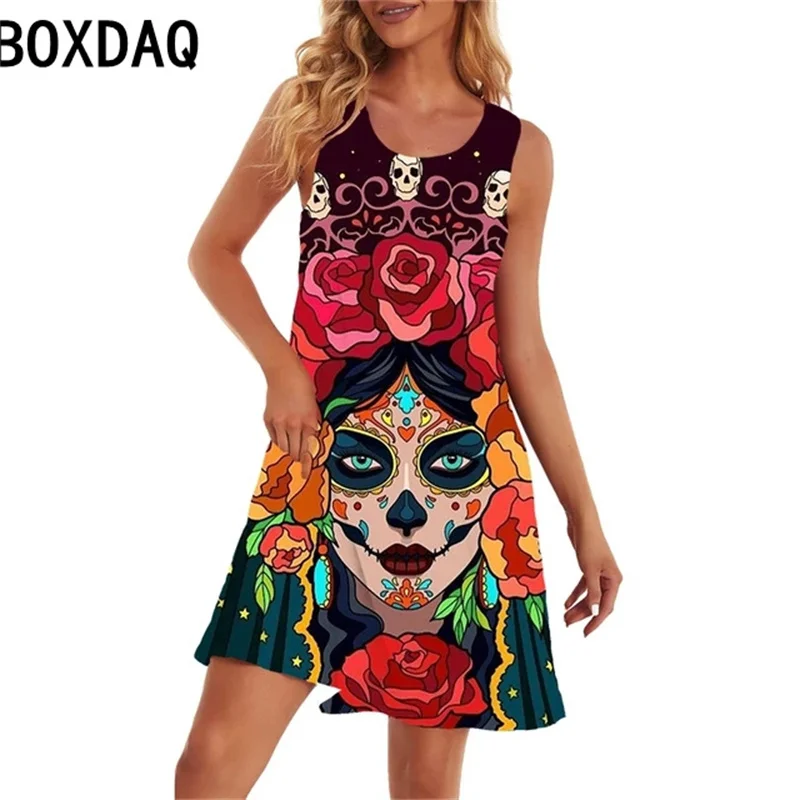 

3D Terrifying Skull Printed Personality Dress Women Summer Sleeveless O-Neck Casual A-Line Dress Big Size Female Dresses