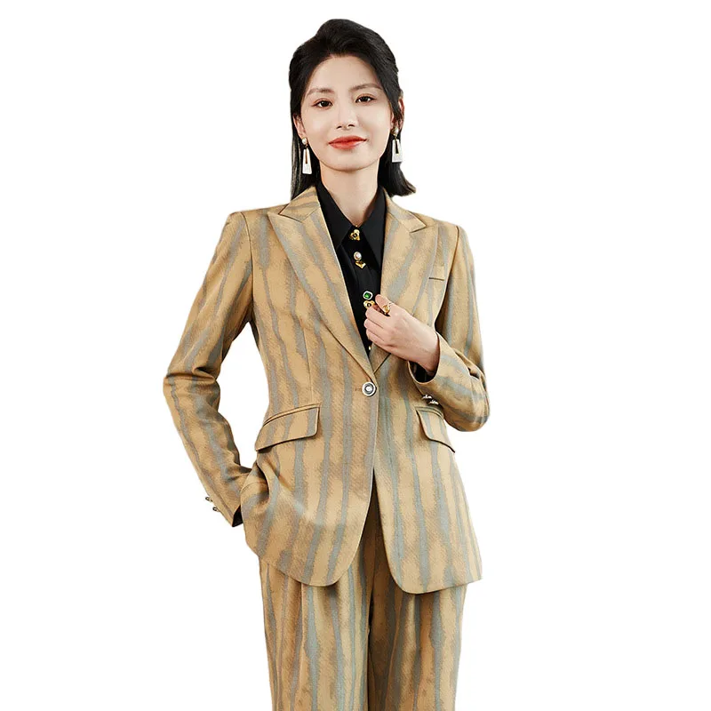 Fashion Autumn Winter Ladies Pant Suit Women Striped Female Business Work Wear Jacket Blazer and Trouser Formal 2 Piece Set