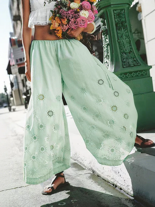 

French Style Embroidered Wide Leg Pants Women's Drawstring Floral Hollow out Casual Trousers Summer 2026 Cotton Skirt Pants