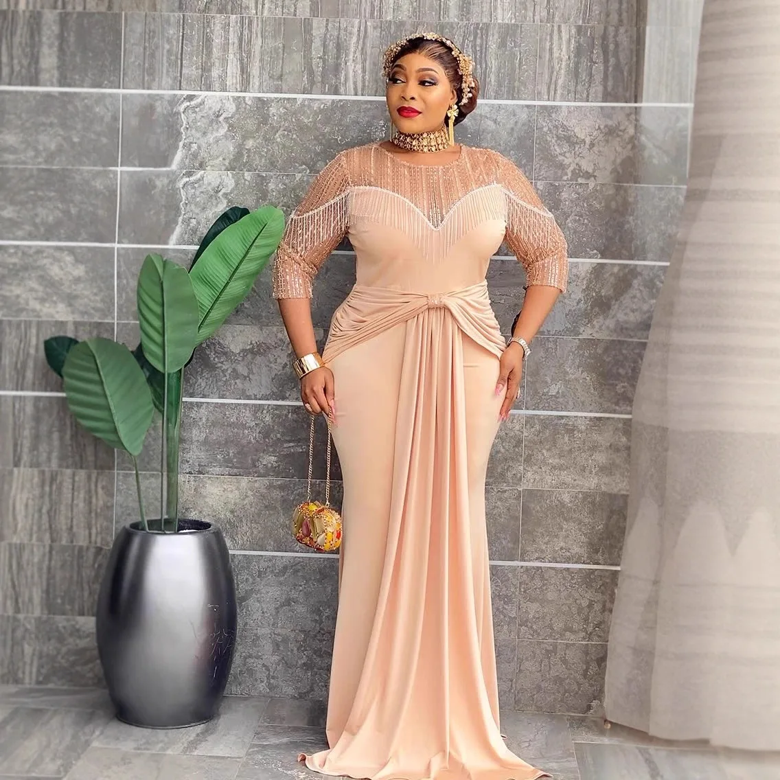 

Plus Size Women's Clothing Tassel Sequin Patchwork Dress High Waist Slimming Mermaid Evening Dress Elegant Evening Gown Y2k