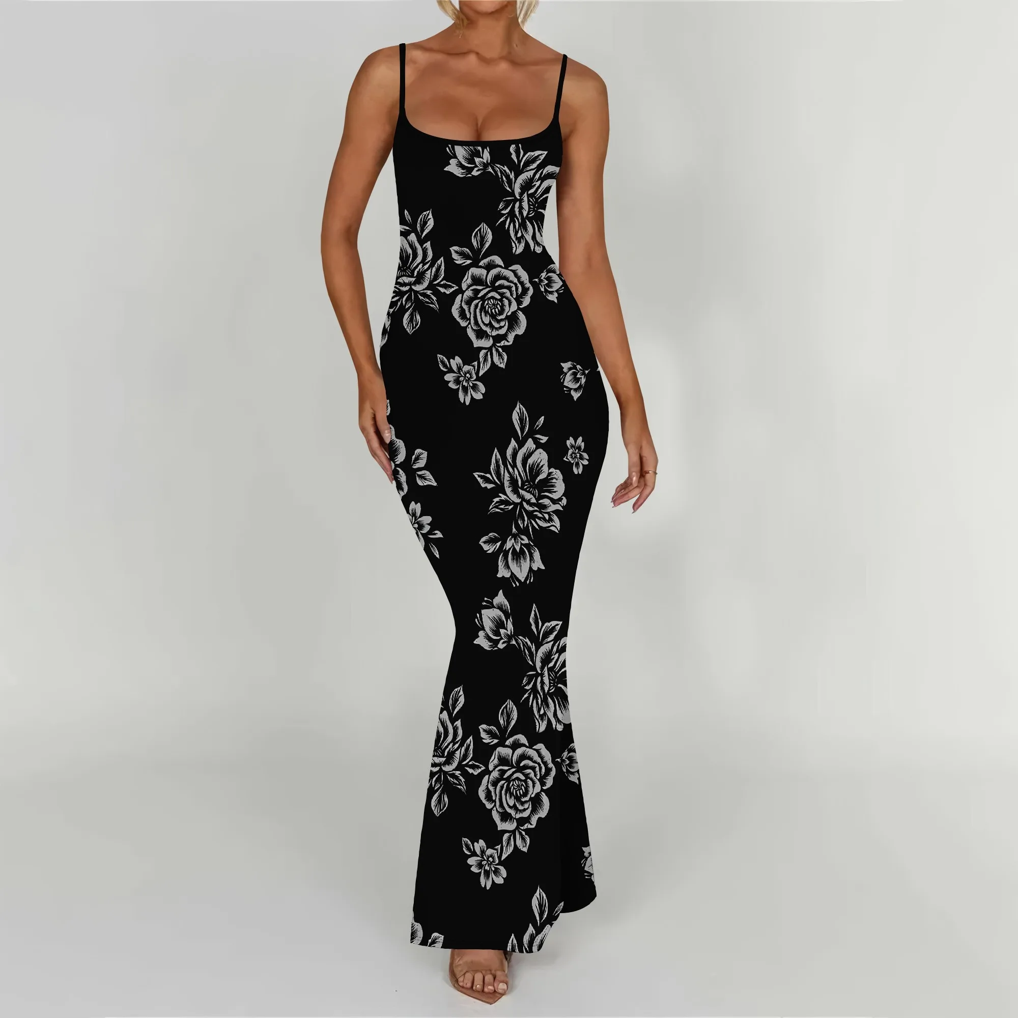 

EQQZD Red Yellow Floral Sleeveless Maxi Dress - Women's Vibrant Elegant Summer Party Evening Outfit 2025