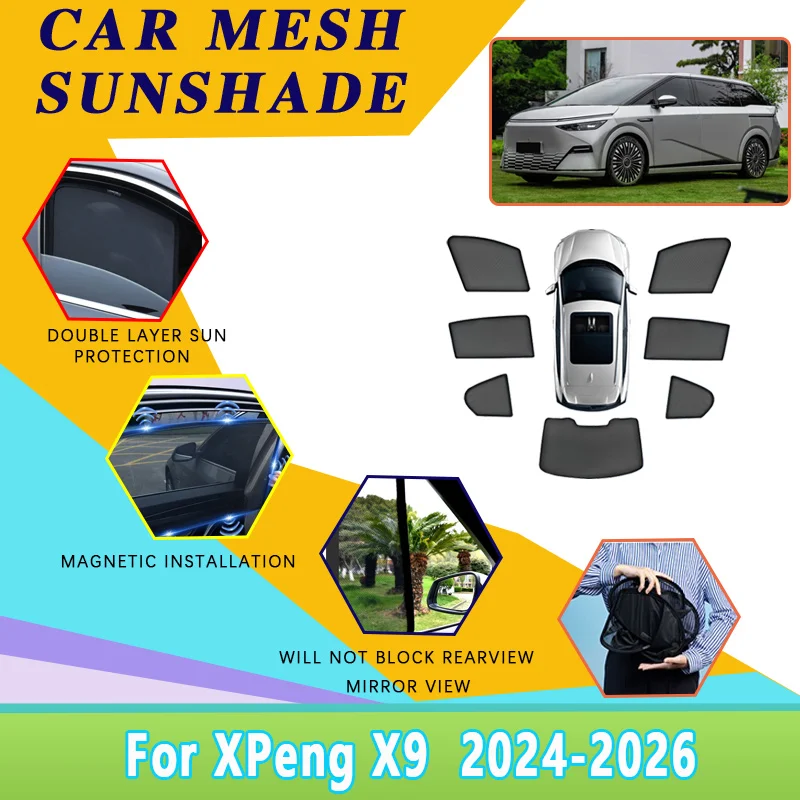 For XPeng X9 2026 Accessories 2024 2025 Side Car Sunshade Mesh Sun Visor UV Protection Privacy Curtain Windshield Cover Stickers
