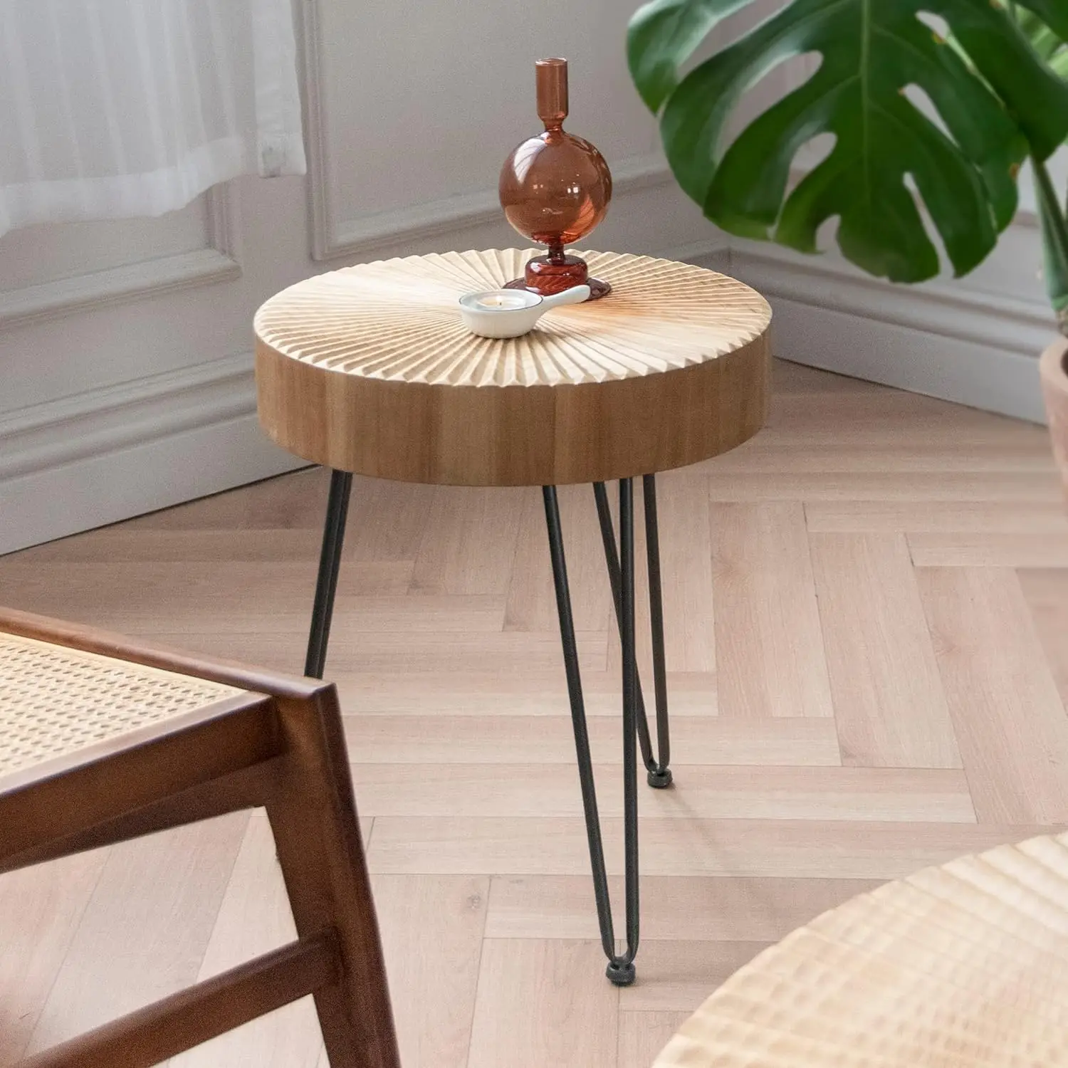 Lonyke 2-teiliges modernes Bauernhaus Wohnzimmer Couch tisch Set, Nesting Tisch rund mit hand gefertigten Holz Radial muster