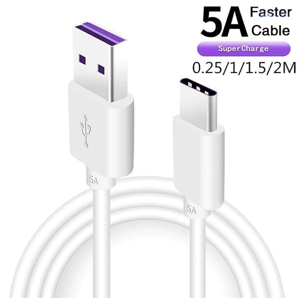 Fast Charge 5A USB Type C Cable For Samsung S20 S9 S8 Xiaomi Huawei P30 Mate40 Pro Mobile Phone Charging Wire White Blcak Cable