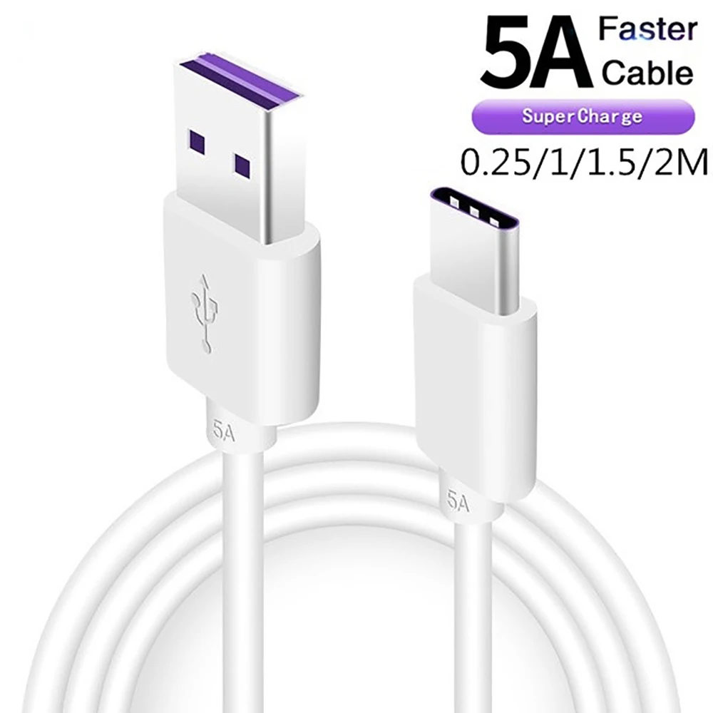 Cable USB tipo C de carga rápida 5A para Samsung S20 S9 S8 Xiaomi Huawei P30 Mate40 Pro Cable de carga de teléfono móvil Cable Blcak blanco