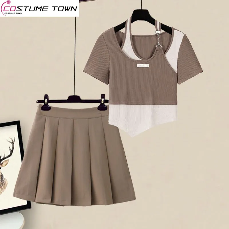 Fashion women's suit 2023 new spring and summer Korean version design sense chic top T-shirt pleated skirt two-piece set