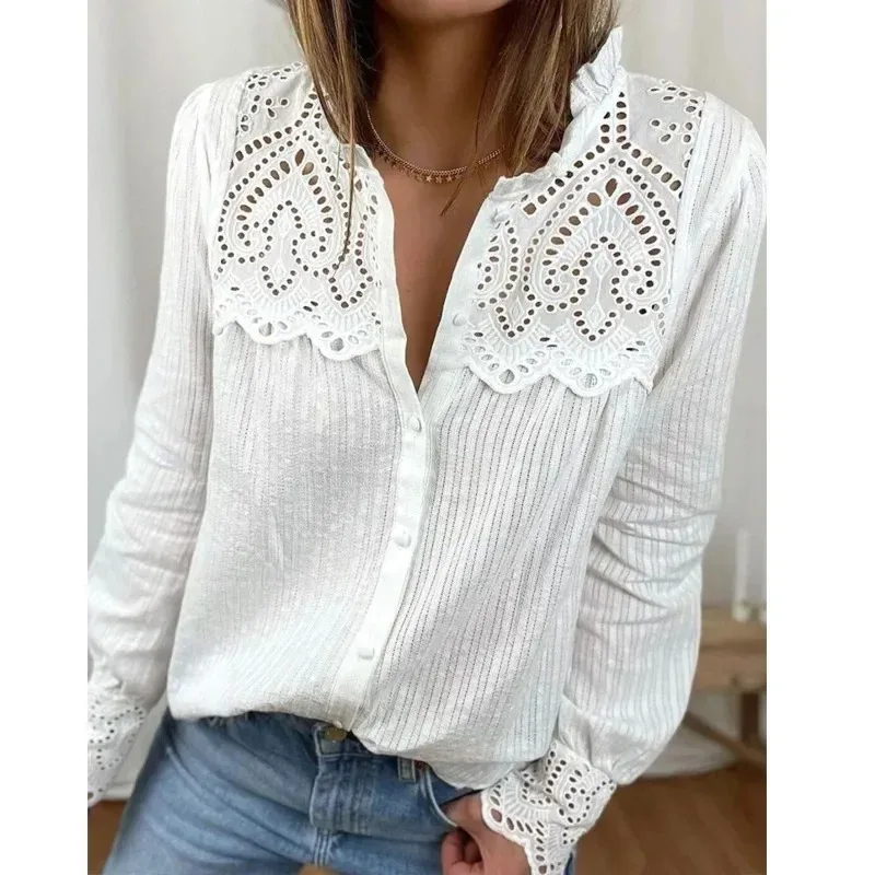 Casual Patchwork Lace Shirt, Long Sleeve, Stand Collar, White Blouse, Single Breasted, Hollow Tops, Elegant, Fashion 29363