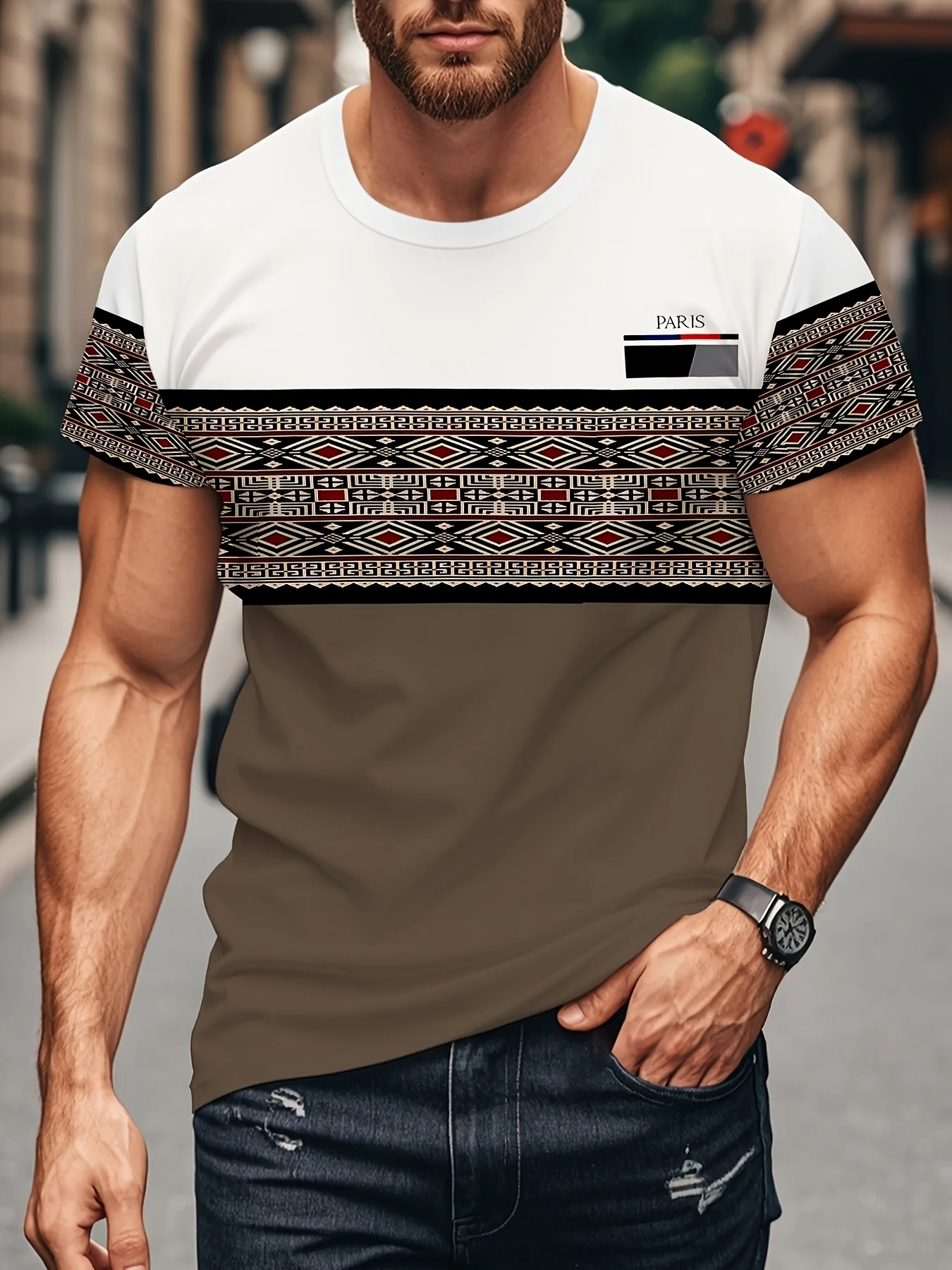 New men's short-sleeve T-shirt, loose-fitting and tailored with printed designs, versatile basic crew-neck top suitable for spri