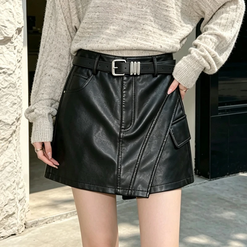 2026 Autumn Winter PU Leather Skirts Women Sexy High Waist Short Skirts with Shorts Chic Irregular Casual Fake Two-piece Skirts