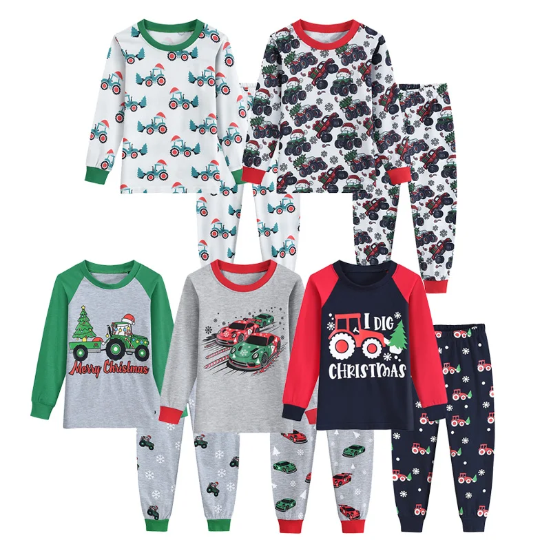 Little Hand Little Boy Long Sleeve Christmas Pajamas Set Cotton Car Pattern Pjs Kids Holiday Clothes for Toddler 2-7 Years