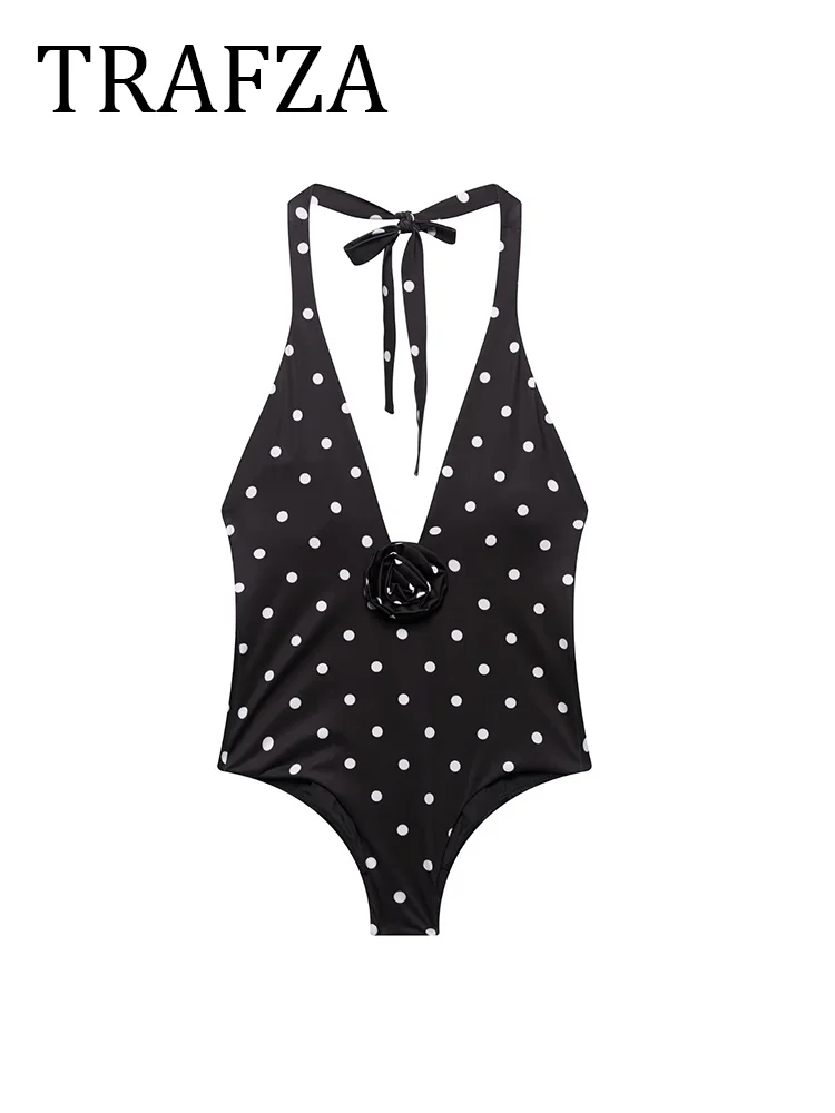 

TRAFZA Women's Black Swimsuits 2025 Summer Fashion Halter Polka Dot Raised Floral Tie Top Elegant Beachwear Chic Beach Sexy Body