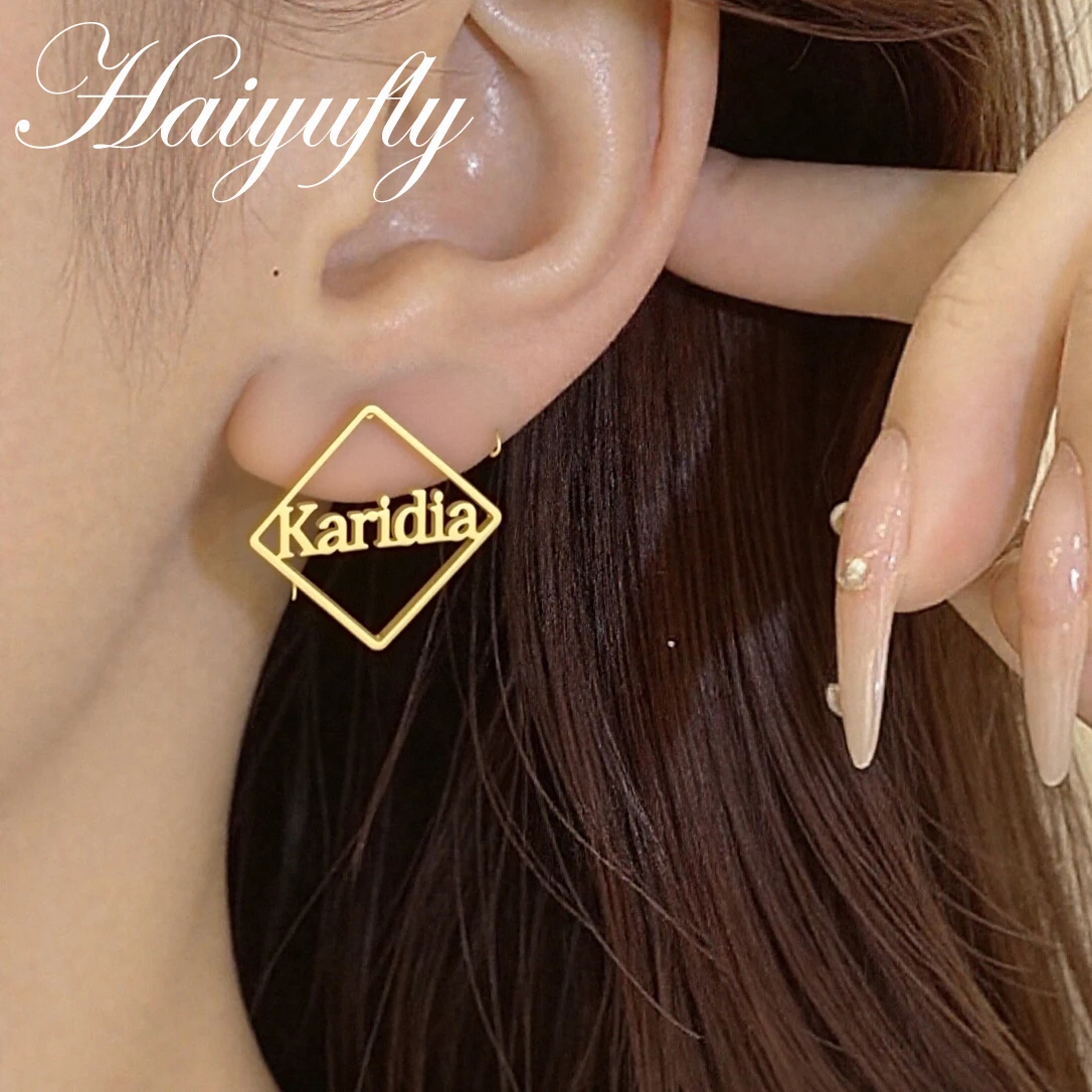 

Haiyufly Custom Name Square Earrings for Women Stainless Steel Jewelry Rectangle Heart Stud Earring Birthday Personalized Gift