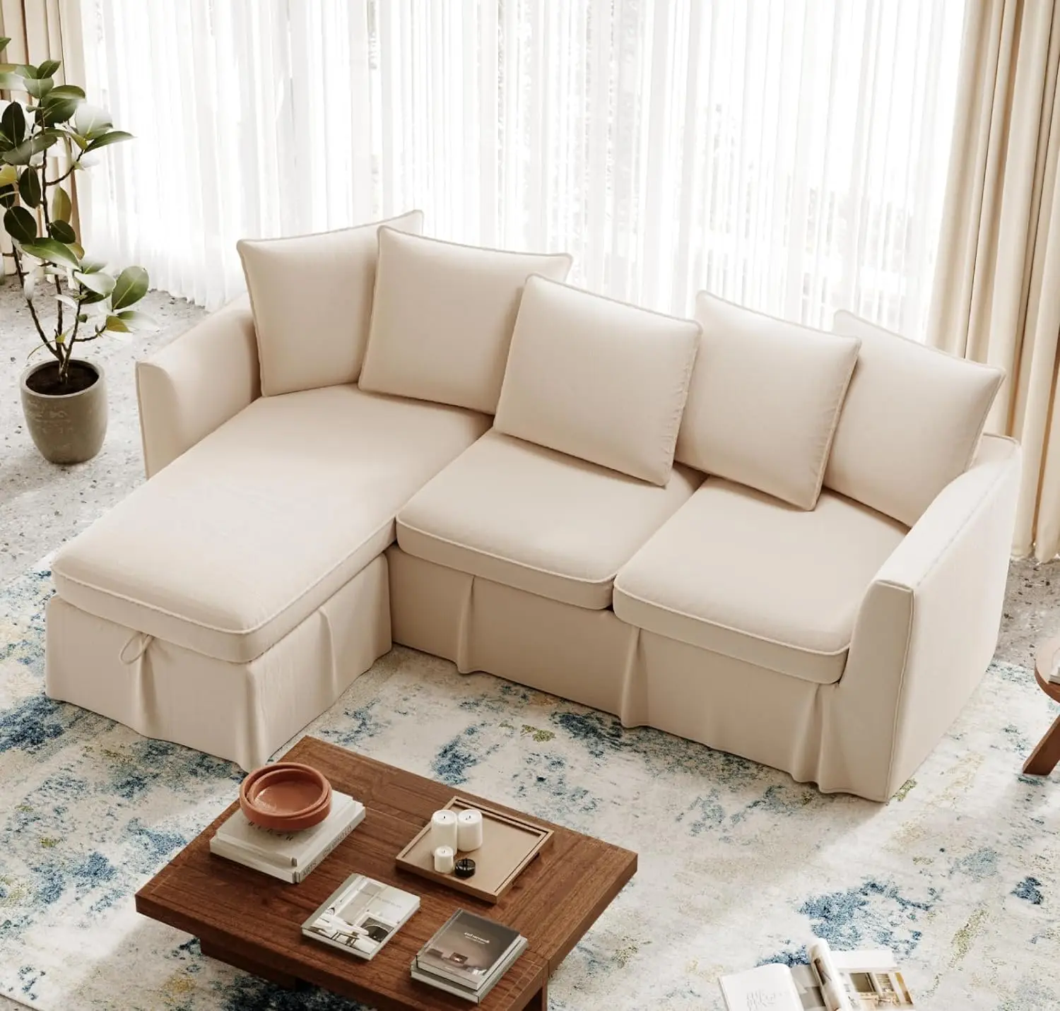 

w/Storage Chaise, Coastal L Shaped Couch w/ 5 Cushions , Dry-Washable Cover, slipcovered Sofa for Living Room