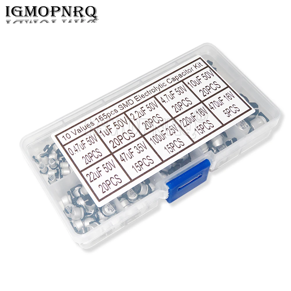 

165PCS 10Values SMD Aluminum Electrolytic Capacitor Assorted Kit Set Samples Kit 0.47uF 1uF 2.2uF 4.7uF 10uF 22uF 47uF 100uF NEW