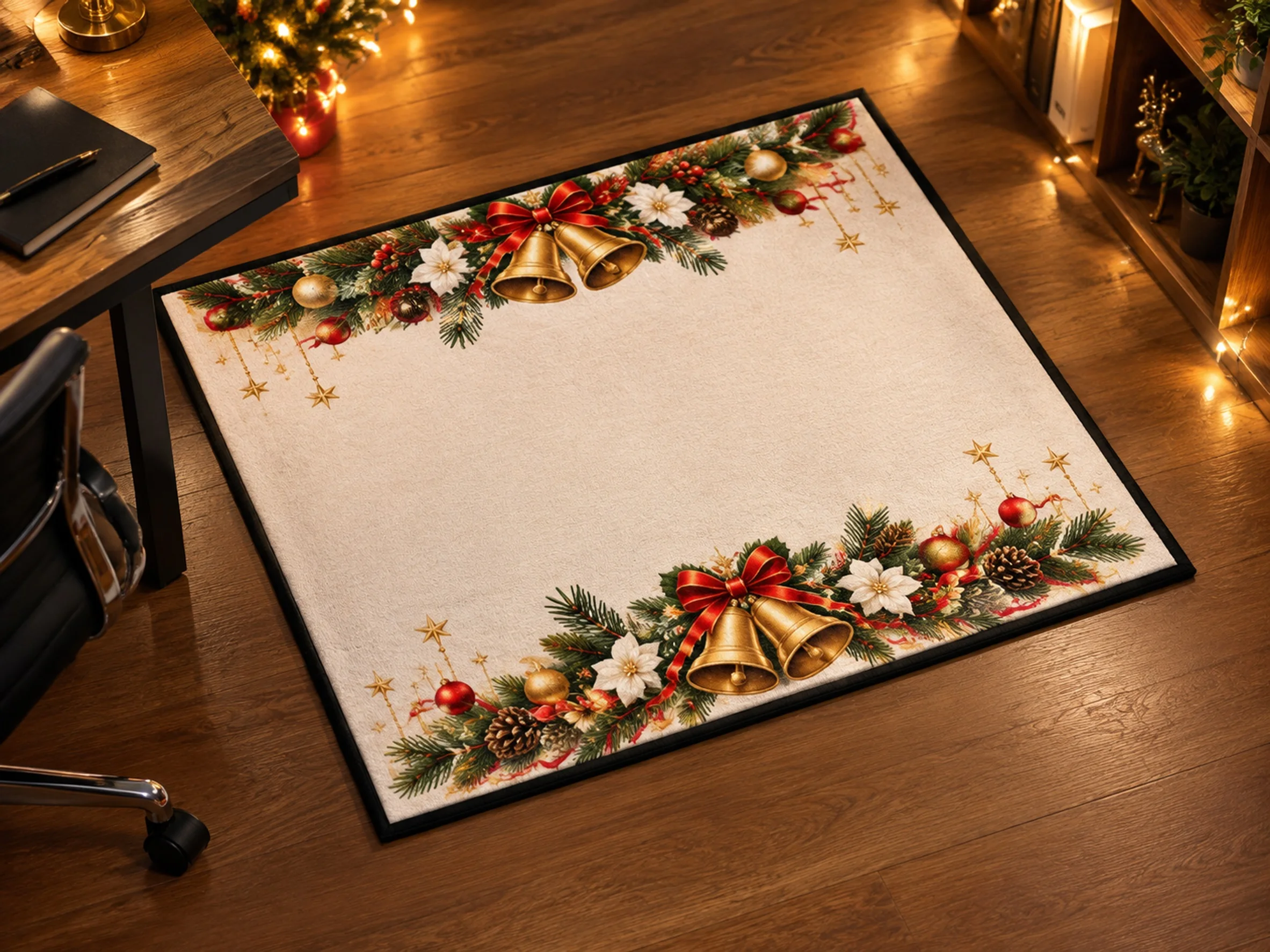 VIKAMA Christmas Gold White Bell Flannel Door Mat, Washable Quick Dry Xmas Mat, Xmas Decor for Office, Balcony, Laundry
