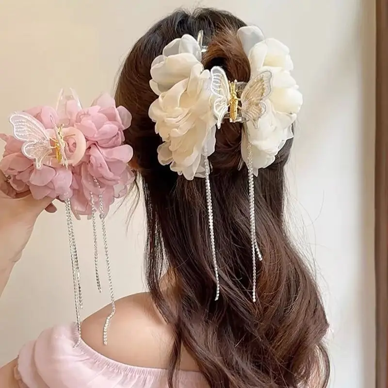 زهور الشاش الوردي وأحجار الراين والفراشة الطويلة ومخالب شعر القرش للنساء وإكسسوارات عصرية رائعة للغاية #1