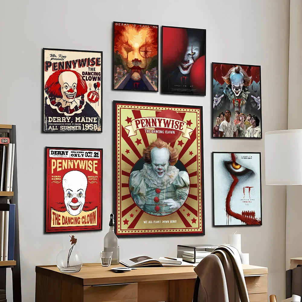 Horror Film I-It P-Pennywise Clown Vintage Posters Sticky Whitepaper Sticker DIY Room Bar Cafe Room Wall Decor