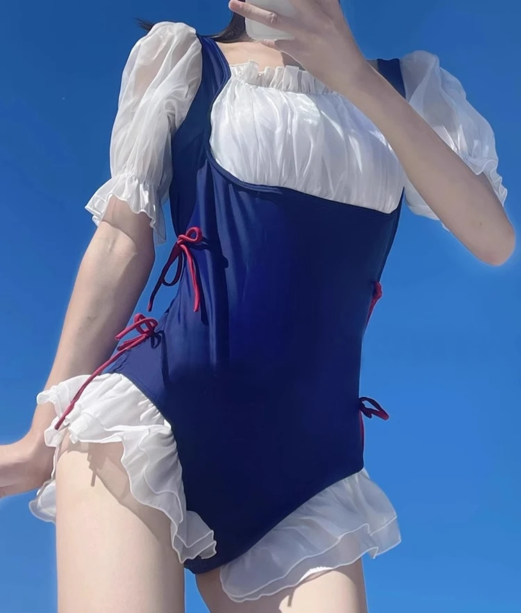 ワンピース水着 レッド スイートボウ 気質 スクエアカラー 2025 新作 夏 女の子 可愛い フリル プールパーティー 海辺 ブルー 水着
