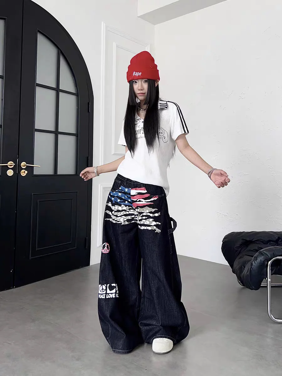 American Flag Graffiti Print Jeans Casual Loose Wide Leg Pants Men Women Autumn Hiphop Design Trendy Straight Cut Jeans