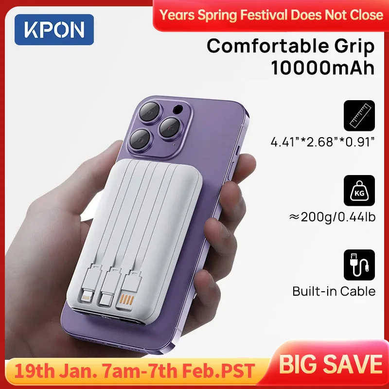 KPON Magnetic Wireless Power Bank 10000mAh Portable Powerbank 22.5W Fast Charging Built-in Cable Mobile Power for iPhone,Samsung