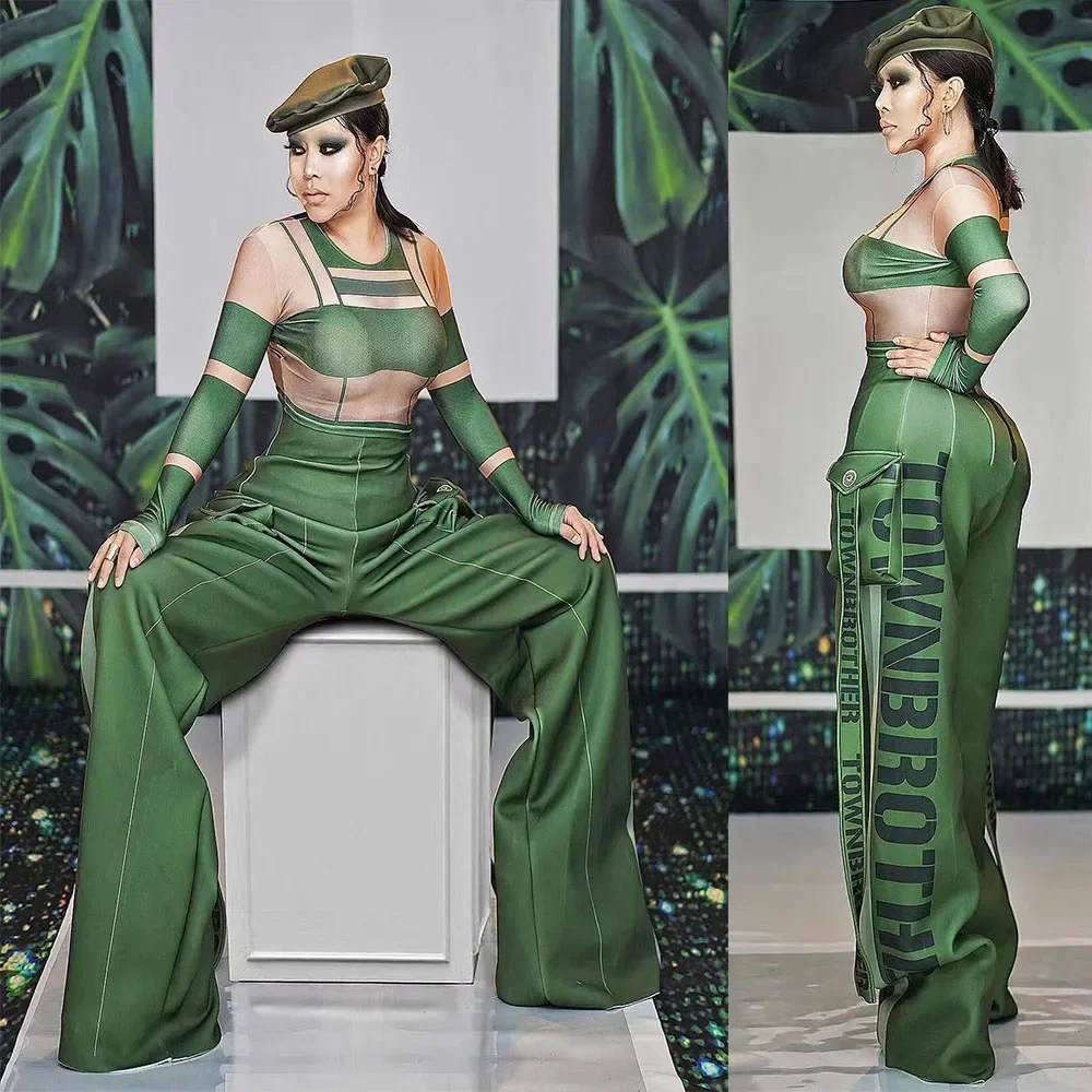 Army Green Long Sleeves Jumpsuits Wide Leg Letter Pants Fashion Show Stage Costume Drag Queen Rave Outfits Party Clothing