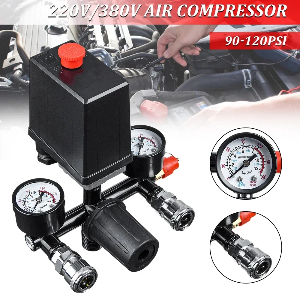 4 Port Air Compressor  All Black Bracket With Switch 220v/380v Manifold Pressure Regulator Aluminum Alloy Safety Pressure Valve