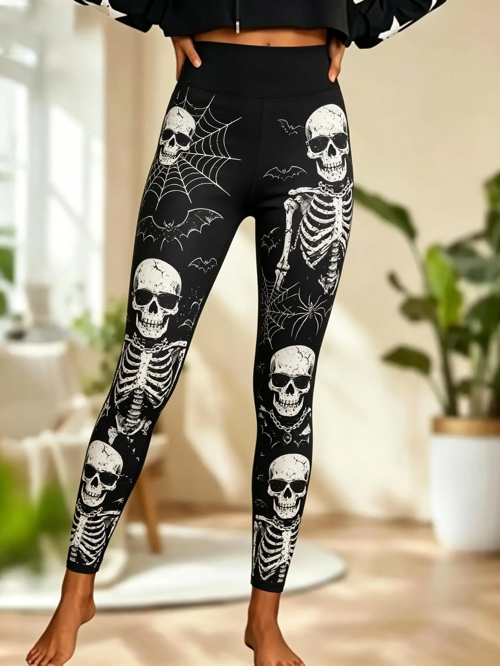 Women Fleece‑lined Mid‑rise Leggings Cartoon Skull Pumpkin Ghost Rainbow Print Slim Stretch Halloween Casual Pants