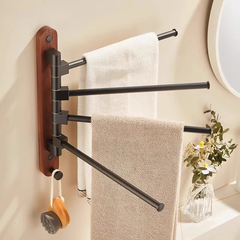 

Wall Mounted Rotating Towel Bar with Storage Shelf, Solid Walnut Toilet Rack for Bathroom, Space Saving Organizer