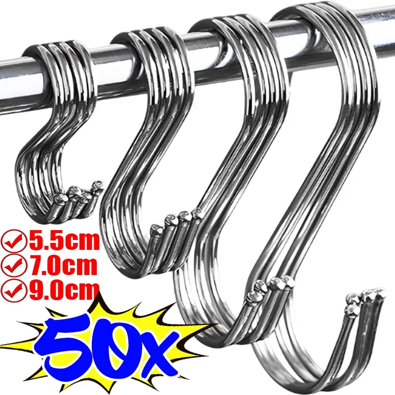 50/10PCS Stainless Steel S-Shaped Hooks for Bags Clothes Caps Towels Hanging Hangers Kitchen Bathroom Storage S Hook Holders