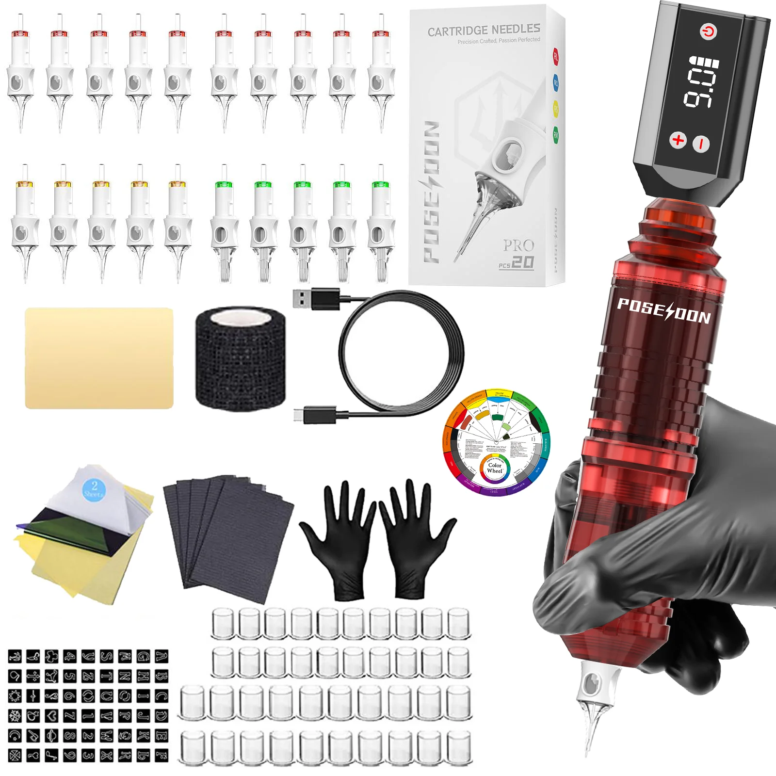 POSEIDON Tattoo Kit Red Tattoo Pen Kit For Permanent Makeup Tattoo Machine Kit New Wireless Tattoo Power Supply Tattoo Gun Kit