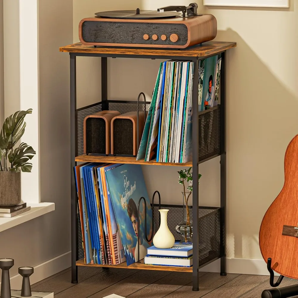 

Vinyl Record Storage Table with Extended Wooden Desktop, Record Player Cabinet for Albums, Vinyl Storage End Table for Bedroom