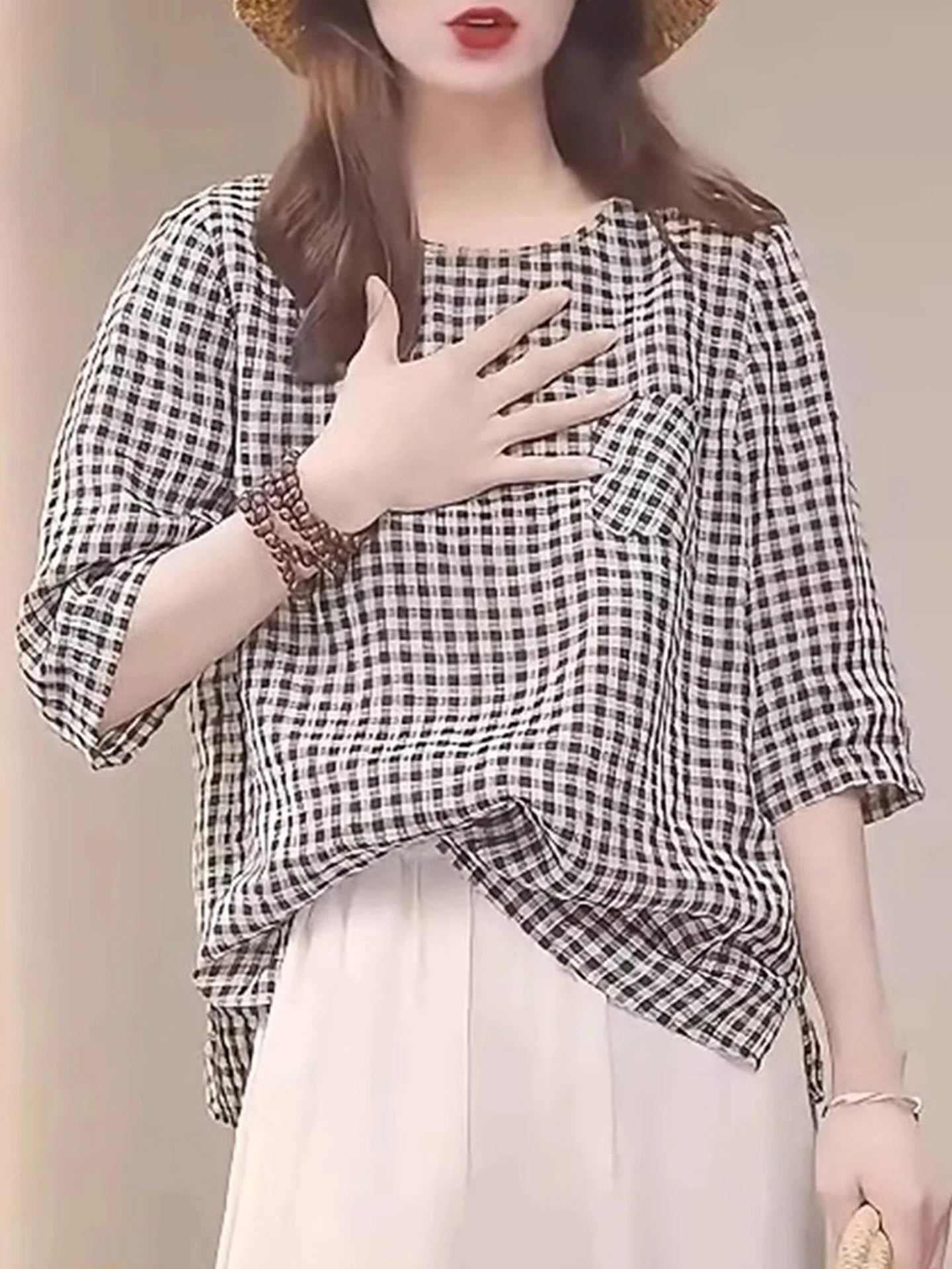 라운드 넥 디자인 한국 스타일 심플한 오팔 소매 패셔너블 다용도 셔츠 출퇴근 우아함 탑 작은 셔츠 여름 2025