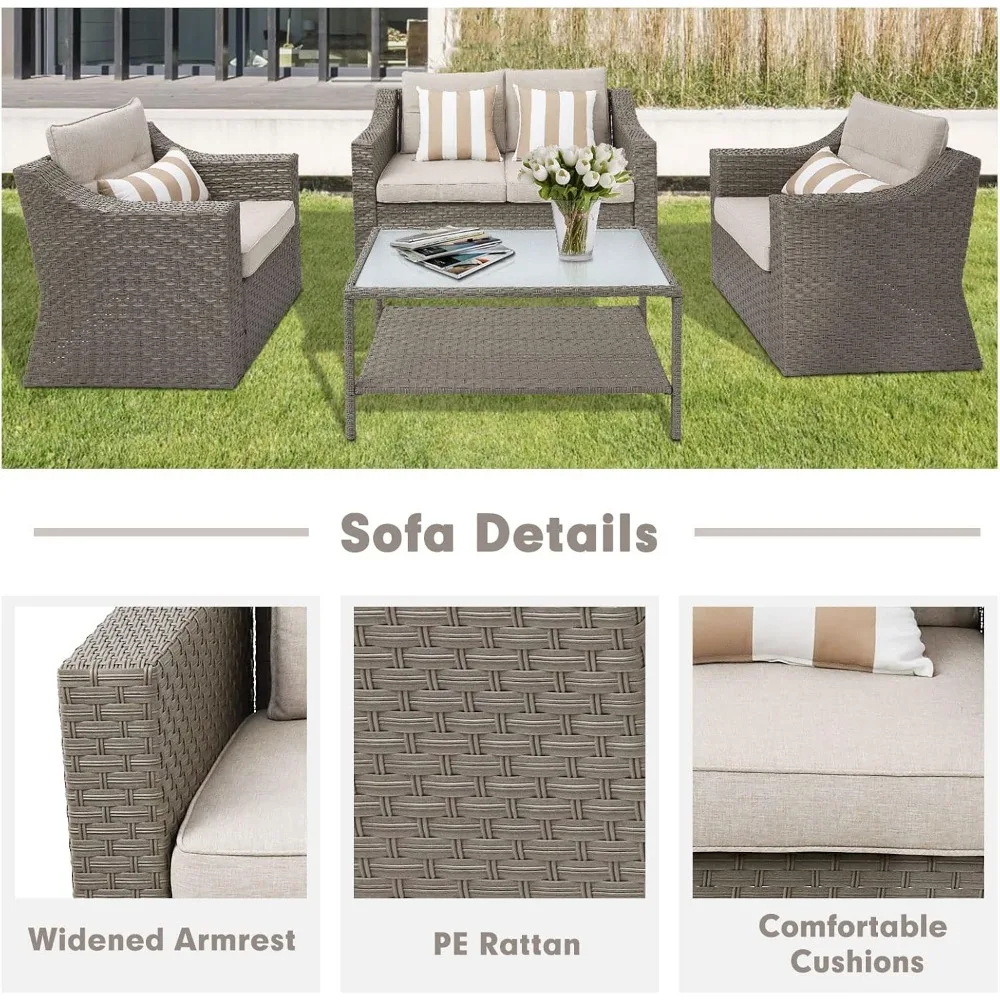 Beach Chairs, Outdoor Furniture 4-Piece Conversation Furniture Set All Weather Wicker with Beige Cushions, Beach Chairs