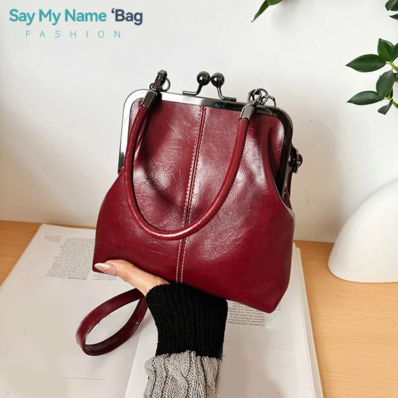 

Large Capacity Vintage Women's Handbag Elegant Kiss Lock Shoulder Bag PU Leather Retro Chinese Style Crossbody Bag Solid Color