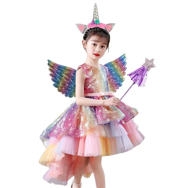 Rainbow Unicorn Pony Costume Elegant Piano Performance Dress For Kids Princess Birthday Party Gown Summer Girls Clothing MN9