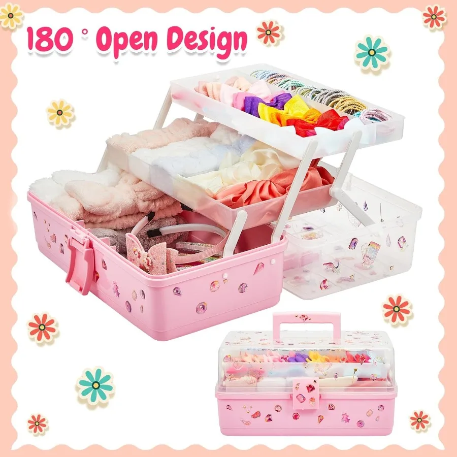 Organizer na akcesoria do włosów 13 cali z składaną tacą i uchwytem, 3-warstwowe plastikowe pudełko do przechowywania narzędzi fryzjerskich, artykułów plastycznych i akcesoriów do szycia.