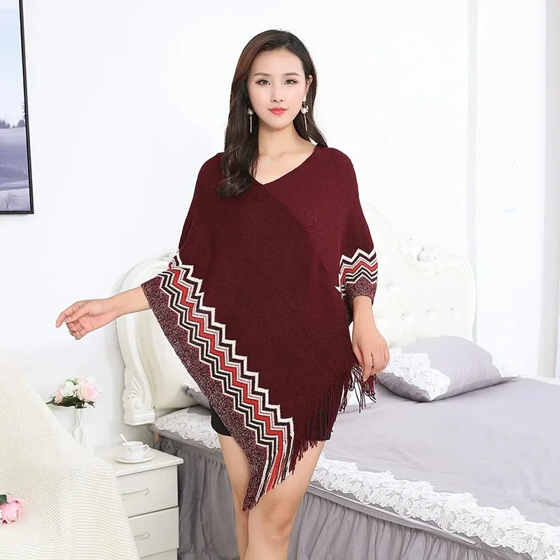 2024 Spring Autumn New Fashion Large Tassel Irregular Shawl Coat Pullover Cloak Women Wear Lady Poncho Capes Red