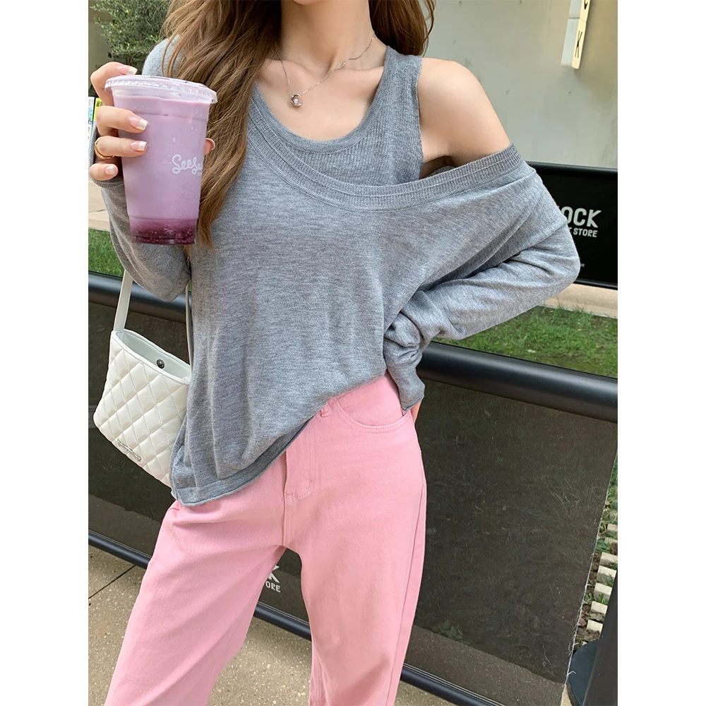 

ay Knitted Two-Piece Set Ne Hanging Design Comfortable V-Ne Long Sve Loose Fit Korean Sle Commute Faion Pure Color