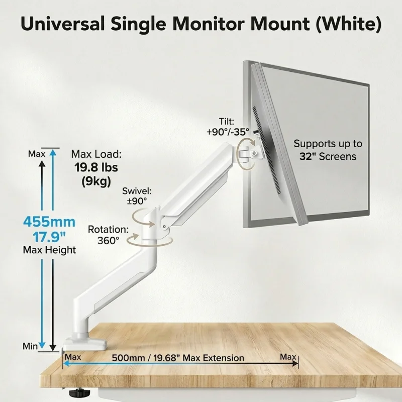 Universal Monitor Arm & Brazo Para Monitor Desktop Mount Stand 32 Inch Adjustable Bracket Heavy Load Computer Desk Mount WHITE